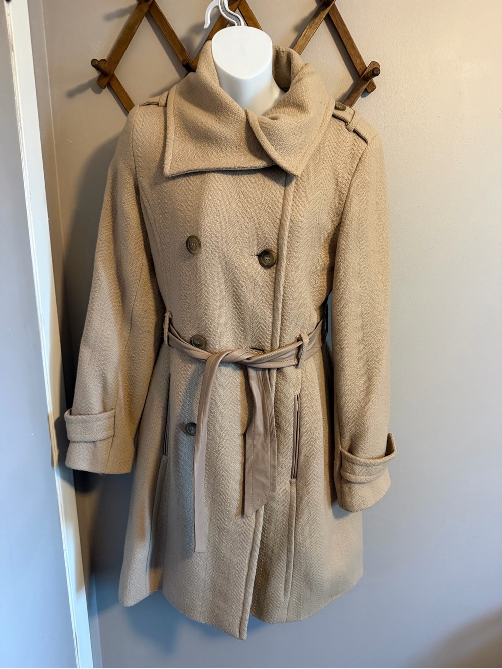 Marc New York Beige Wool Genuine Leather Belt Trench Coat M